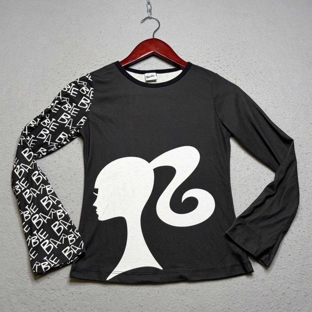Barbie Graphic Long Sleeve Top Women XS Black Y2K Silhouette Logo Print ER54